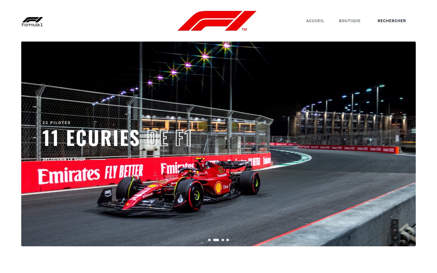 Accueil du site F1 : le logo F1 et une monoplace sur un circuit de nuit.